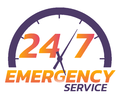 24/7 Emergency Service logo with purple clock arc and orange-purple text