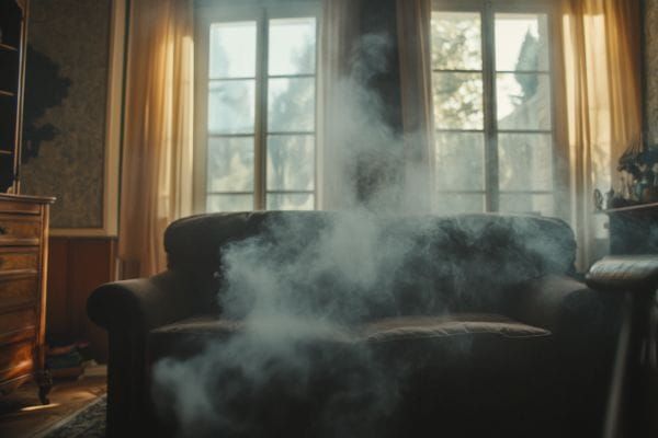 Smoke-filled living room with dark sofa, sunlit windows, and warm curtains.