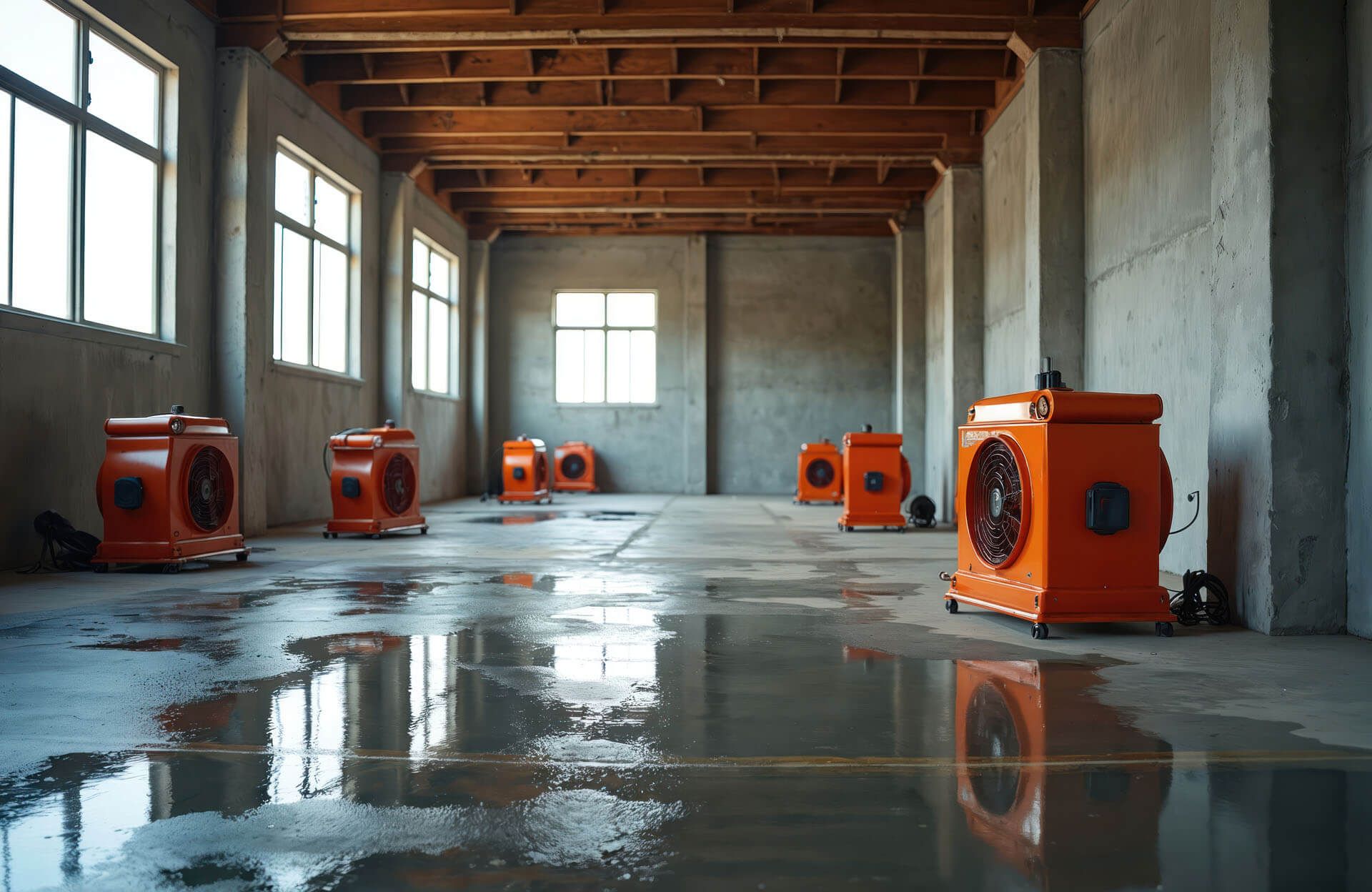 Empty industrial room with orange machines and reflective wet floor
