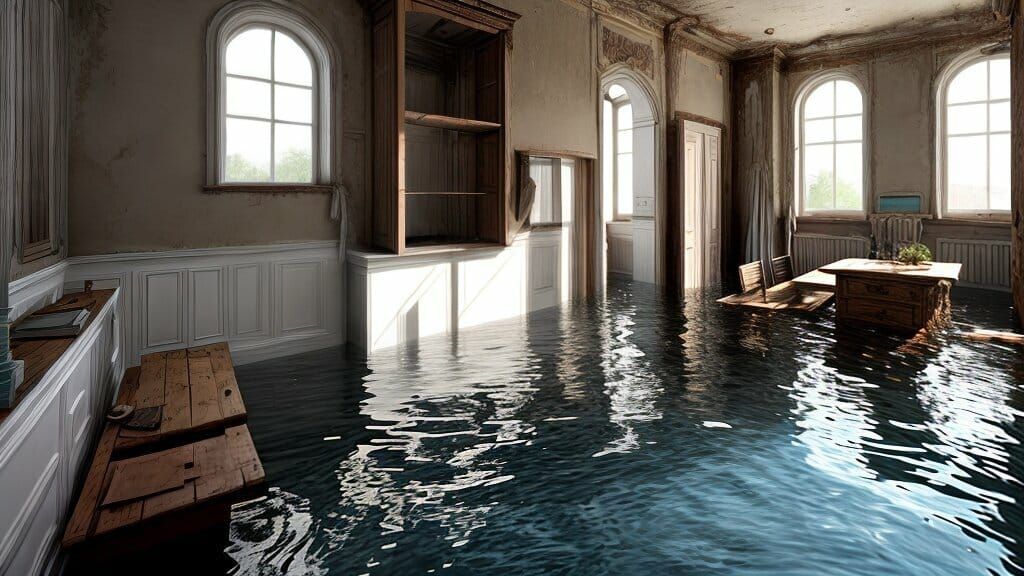 Flooded room with sunlight, white walls, and furniture partly submerged in water