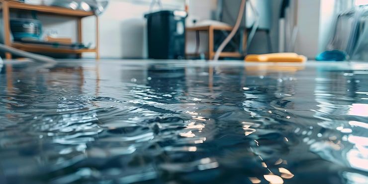 Flooded room with water covering the floor and furniture reflected in the surface