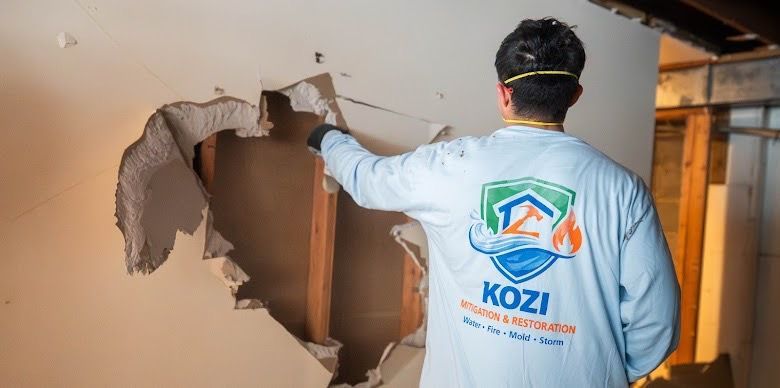Worker in a white shirt repairs a hole in a wall inside a room.