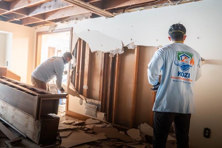 Two workers demolish interior walls in a damaged room with debris on the floor.