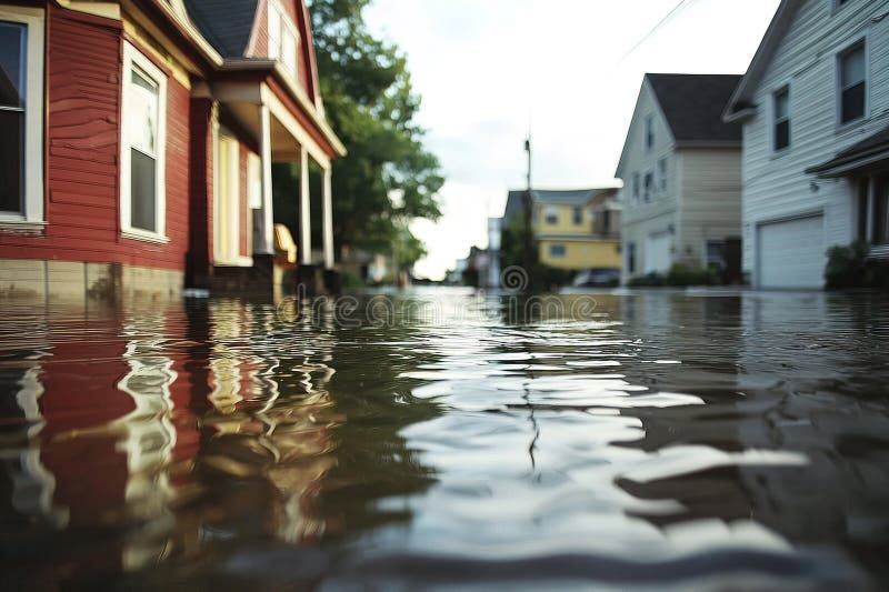 Flooded residential street with houses reflected in shallow water at ground level