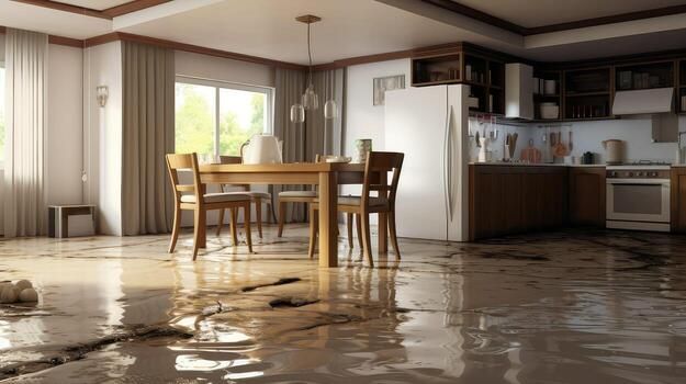 Flooded dining room and kitchen with water covering the floor and reflecting the furniture.