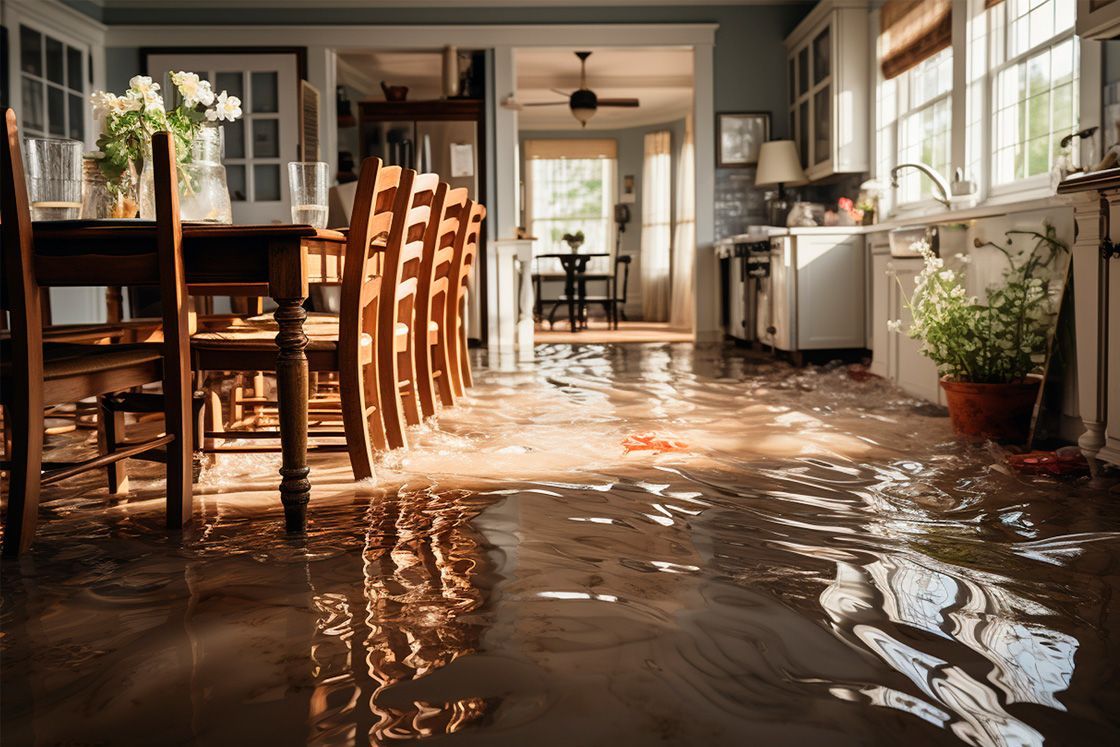 Flooded dining room with water reflecting light on the floor and chairs, table, and plants along the walls