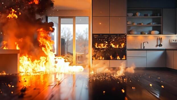 Kitchen on fire with flames spreading across the floor and cabinets in a modern home interior