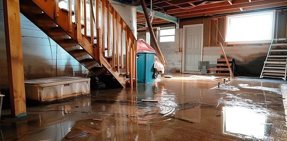 Flooded basement with water pooled on the floor beneath a wooden staircase and windows.