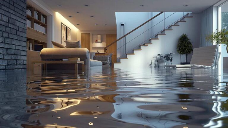 Flooded modern living room with water covering the floor and stairs reflected in the room.