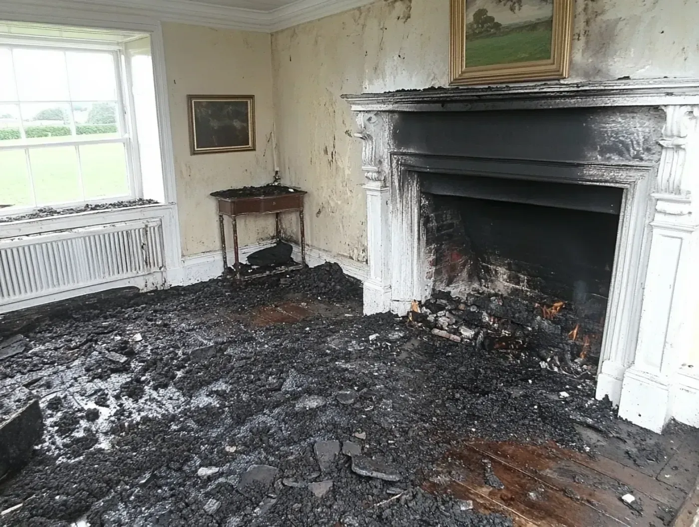 Fire-damaged room with blackened floor, charred fireplace, and smoke-stained walls and window trim