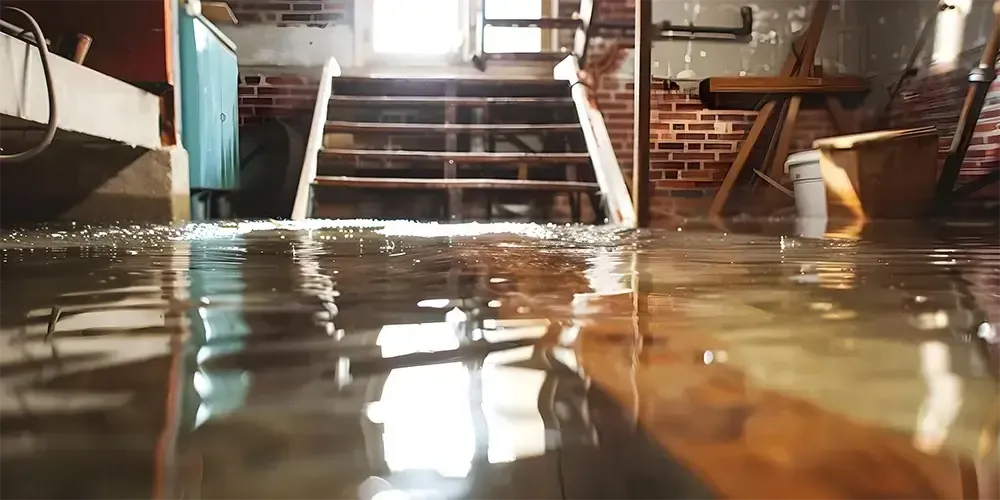 Floodwater inside a basement with stairs and furniture partially submerged