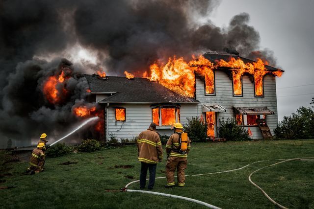 Firefighters battling a large house fire, with flames and thick smoke engulfing the roof and windows.