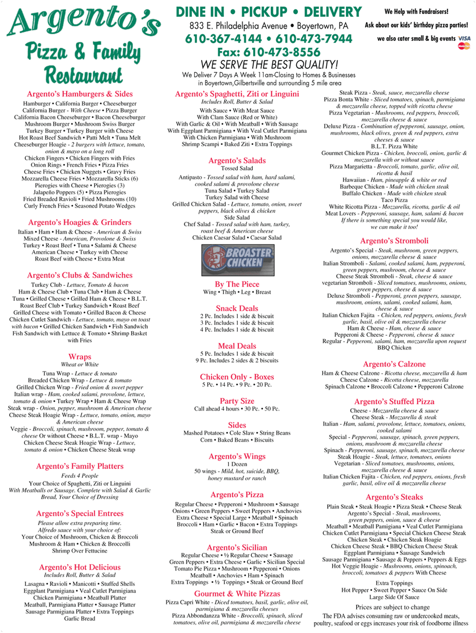 Argento's Pizza and Family Restaurant menu