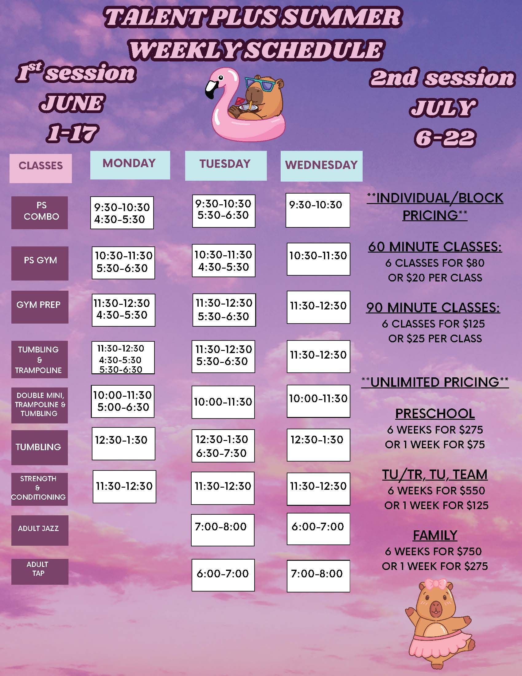 Talent Plus Summer Weekly Schedule showing session dates, class times, and programs on a pink, cloudy background.