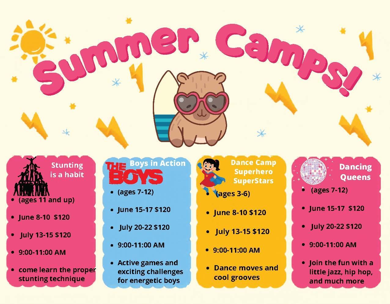 Summer camp flyer with a cartoon capybara, listing four themed camps with dates, prices, and ages for children.