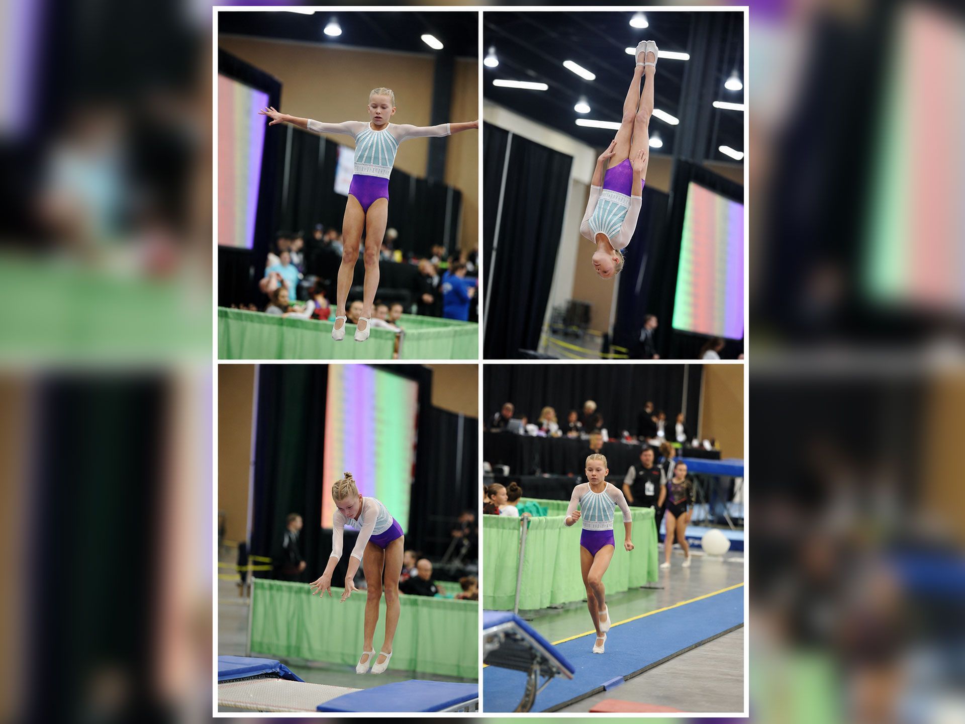 Gymnast performing floor and balance beam routines in a competition arena, in four action shots.