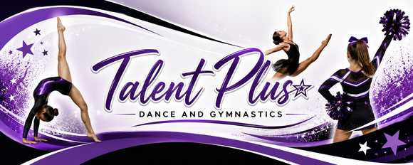 Talent Plus dance and gymnastics banner with purple logo and performers on white background