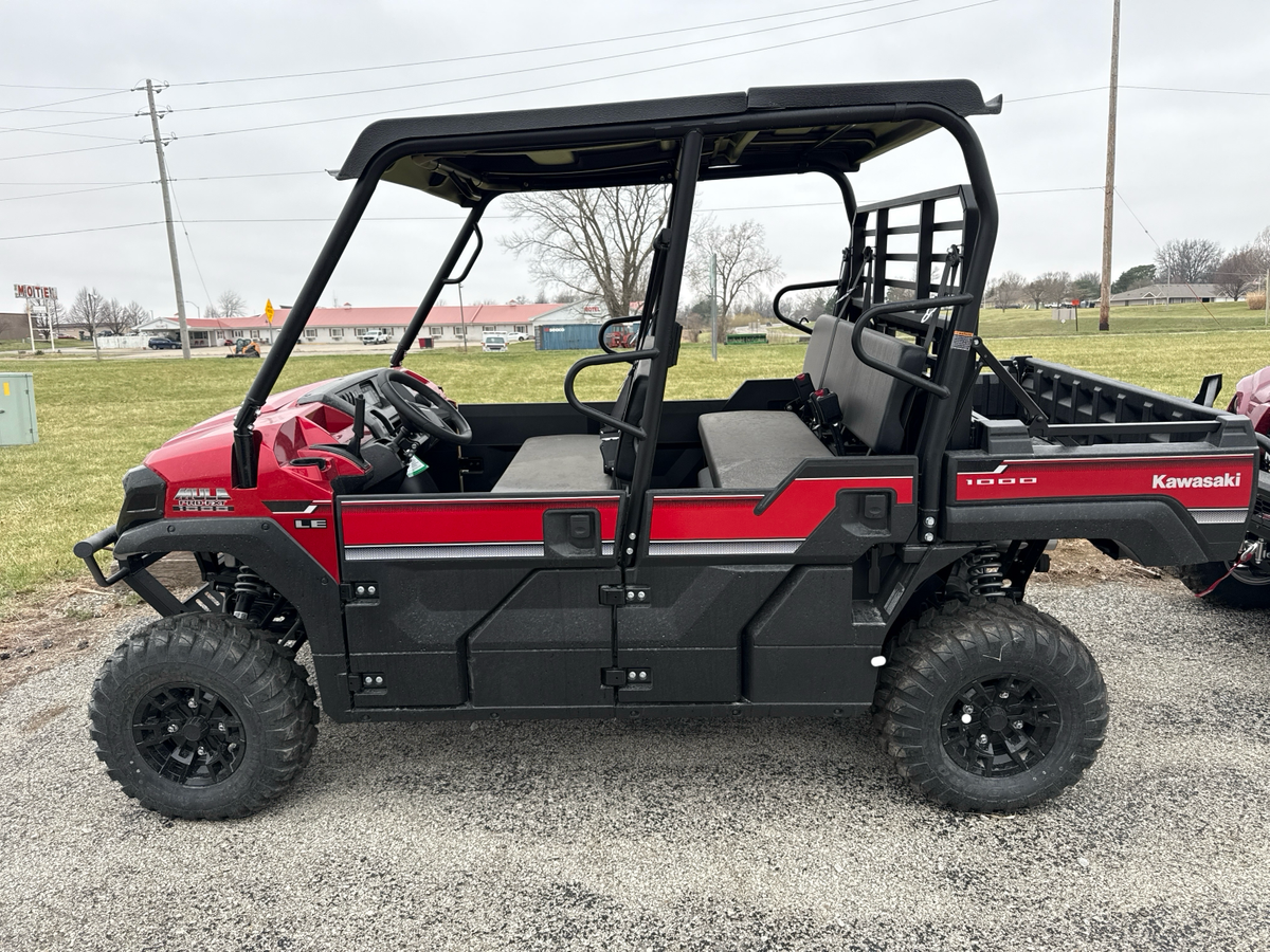 Red and black utility UTV parked on grass under a cloudy sky.