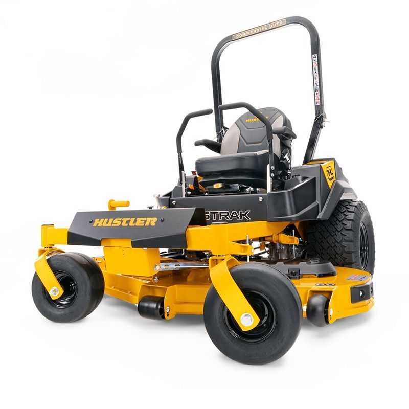 Yellow Hustler zero-turn lawn mower on white background
