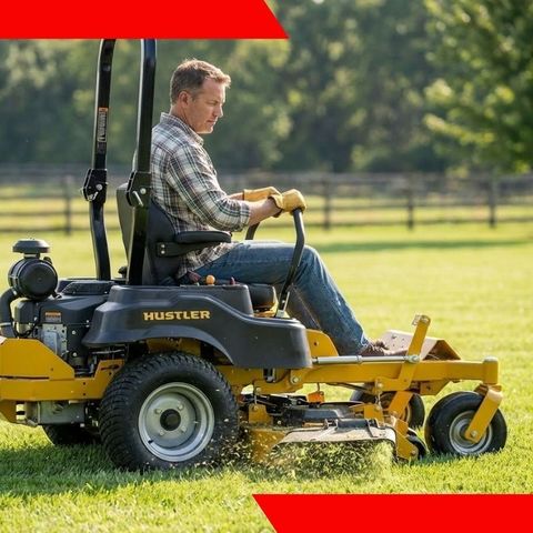 Man riding a yellow Hustler lawn mower on a grassy field, holding the steering controls.