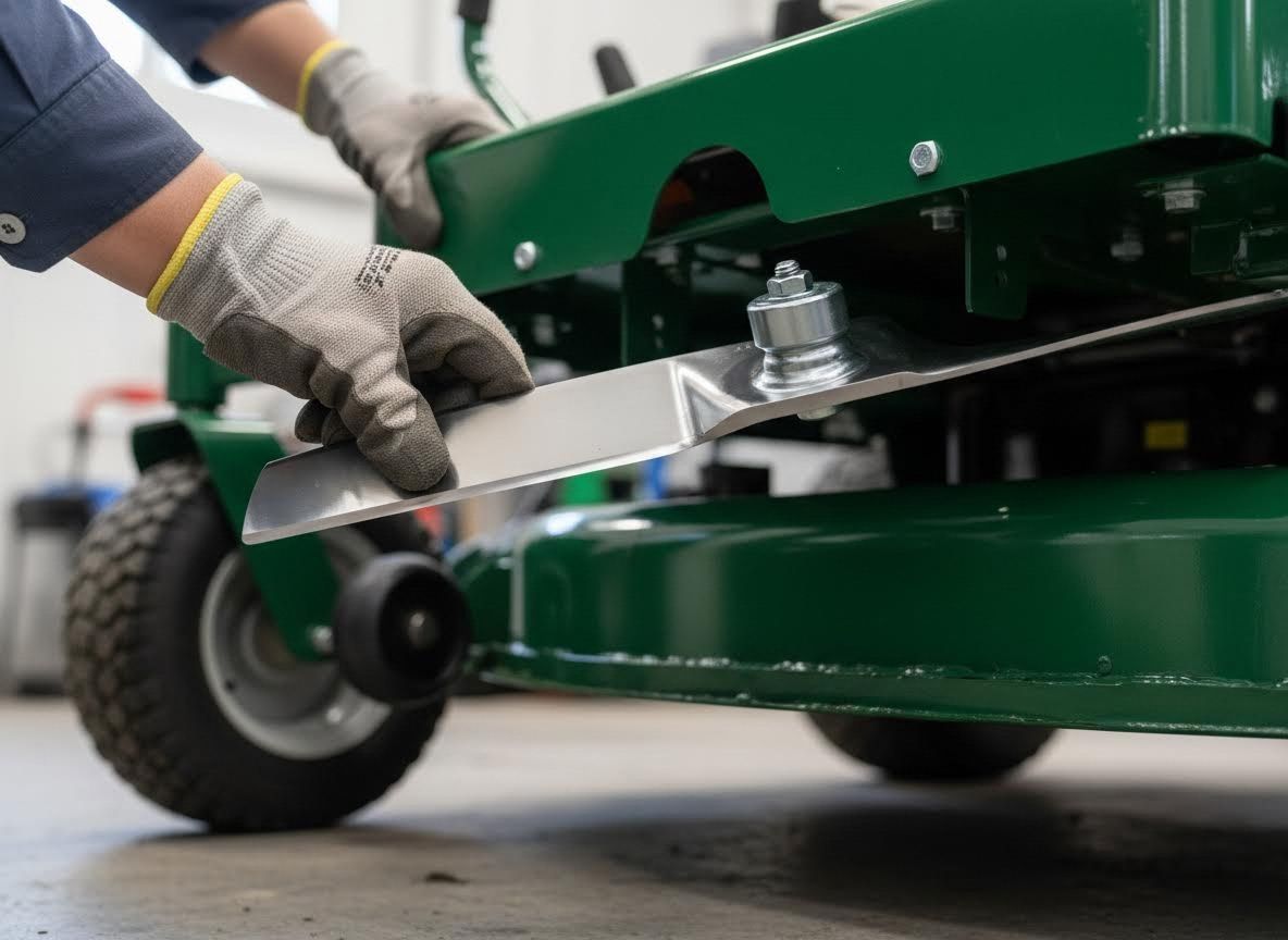 Gloved hands adjusting a green lawn mower blade on the ground
