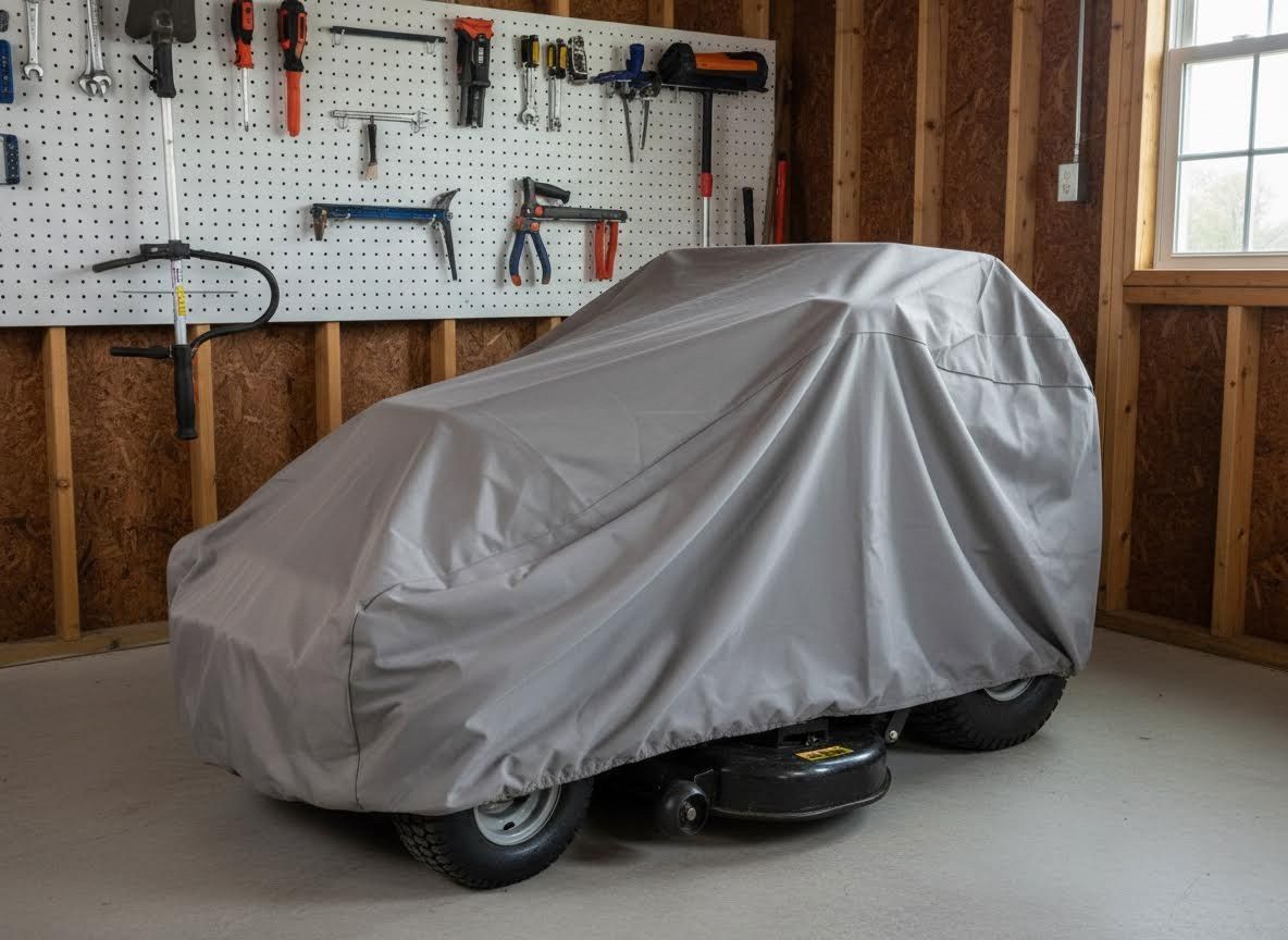 Gray tarp-covered vehicle in a garage with tools on a pegboard wall