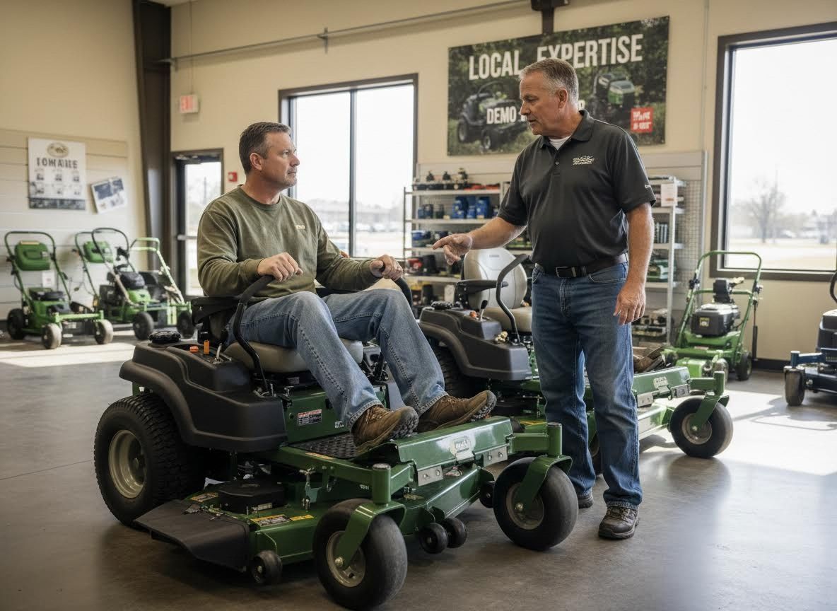 Two men in a showroom discussing a green riding lawn mower.