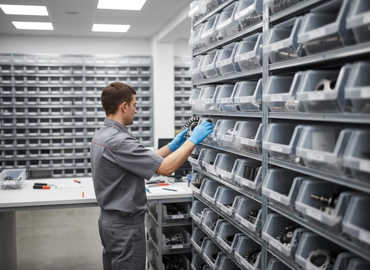 Worker in gray uniform and blue gloves organizing bins on metal shelving in a storage room