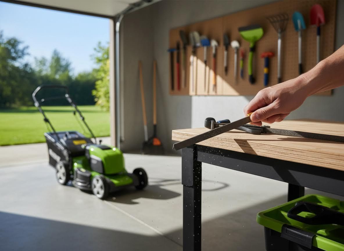 Hand pushing a folding workbench in a garage beside a green lawn mower and garden tools