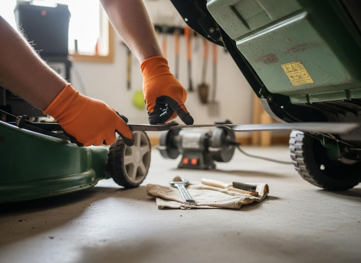 Hands in orange gloves repairing a green lawn mower on a garage floor