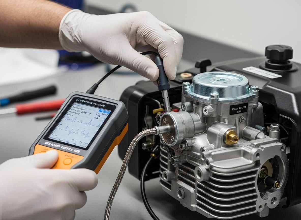 Technician testing a small engine with a handheld meter in a workshop