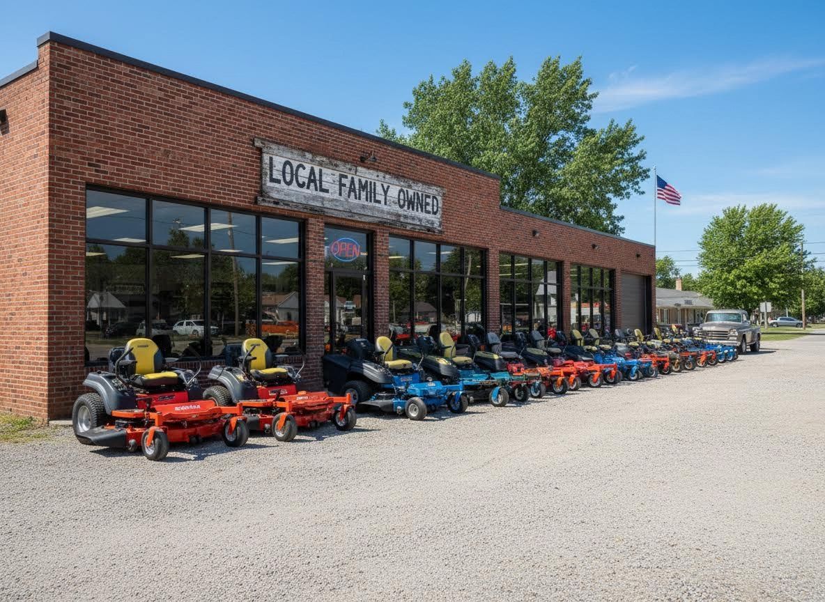 Brick farm equipment store with rows of red, blue, and yellow lawn tractors outside under a clear sky