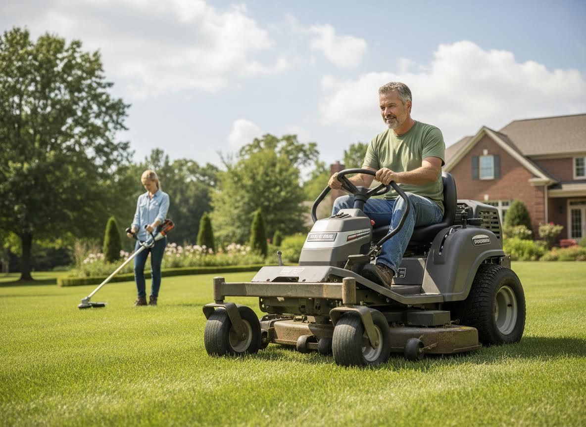 Man mowing a lawn with a riding mower while another person trims grass in a sunny yard