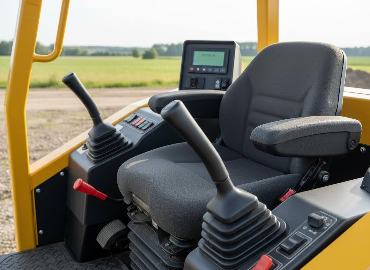 Construction vehicle cab with joystick controls, seat, and dashboard in yellow frame, overlooking a field