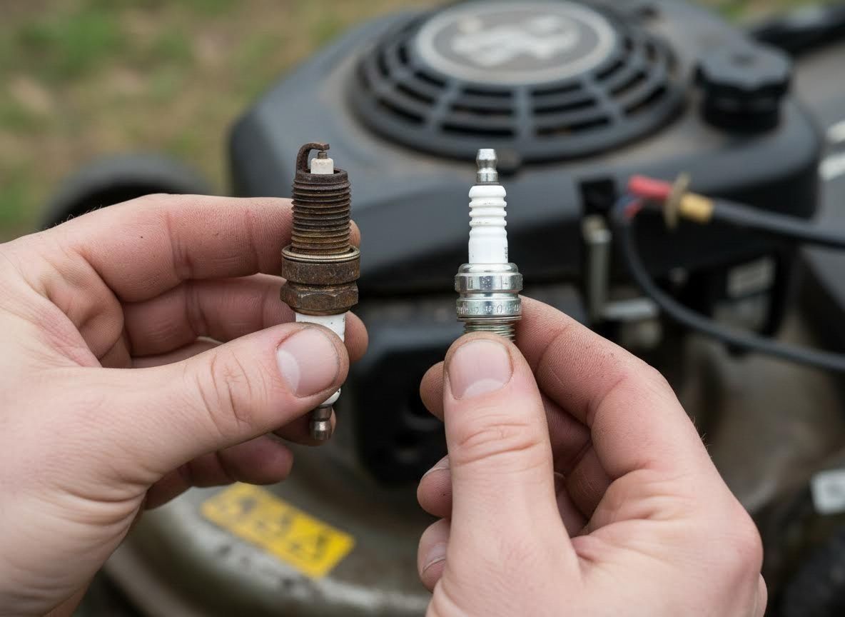 Hands holding a dirty used spark plug and a clean new spark plug in front of a lawn mower engine.