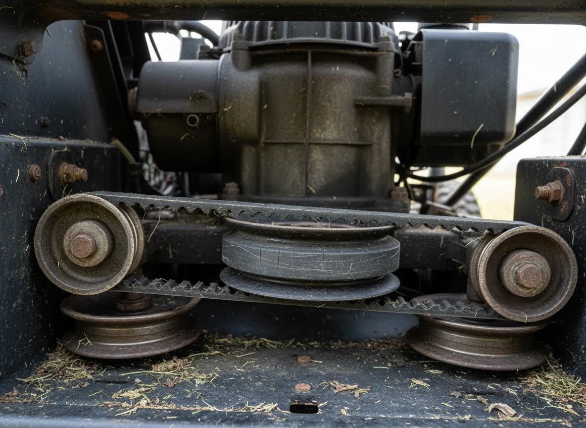 Close-up of a mower deck belt and pulley system with visible wear and grass debris