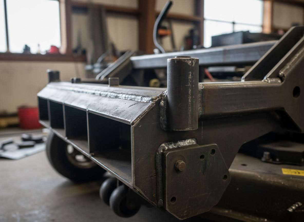 Close-up of a black metal machinery frame in a workshop, with a rectangular opening and visible wheel.