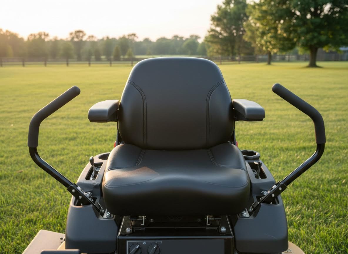 Black mobility scooter seat and handlebars on a grassy field at sunset