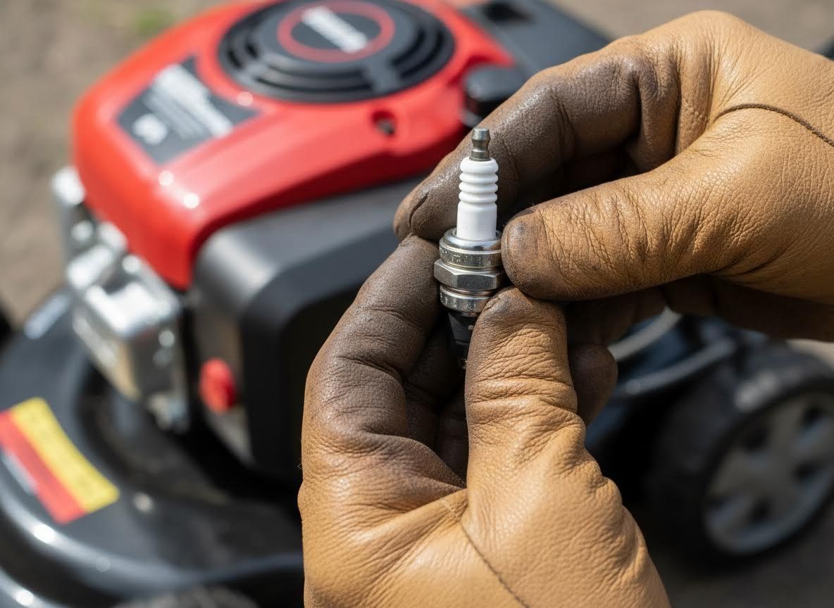 Gloved hands holding a spark plug in front of a red lawn mower engine