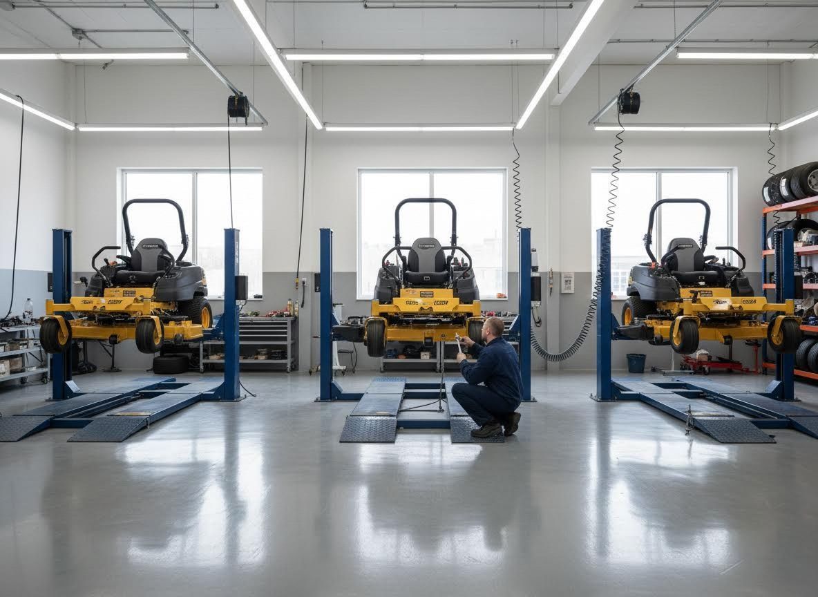 Two yellow industrial vehicles in a bright workshop with a person crouching between lift bays.