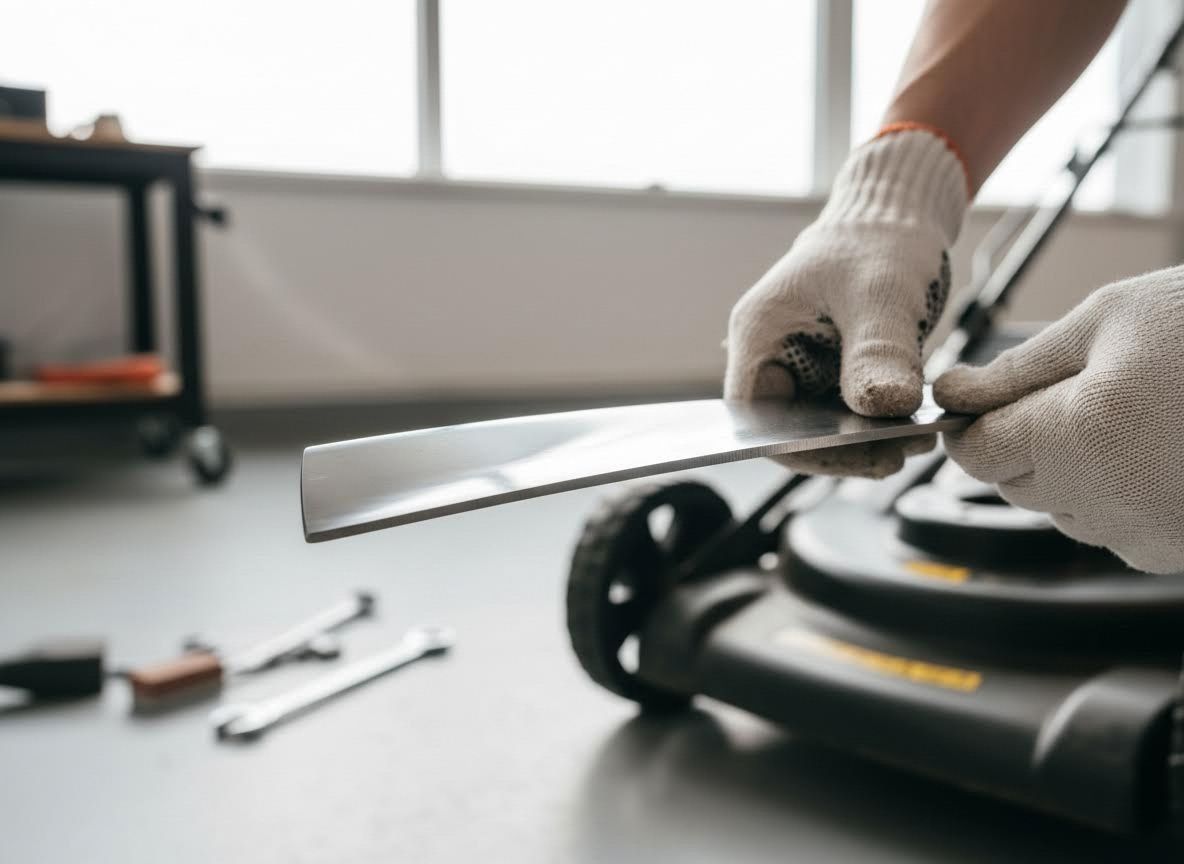 Gloved hands sharpening a knife on a whetstone in a bright kitchen