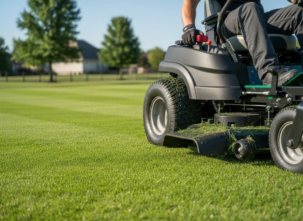 Person mowing a green lawn with a riding mower on a sunny day