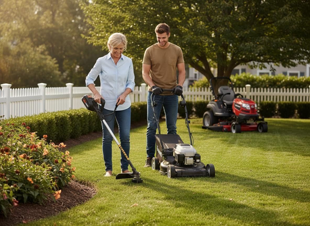 Two people mowing a green lawn with push mowers in a sunny backyard