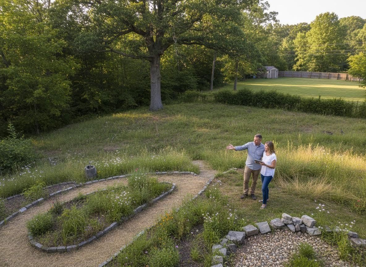 Two people standing in a grassy garden maze beside stone paths and trees