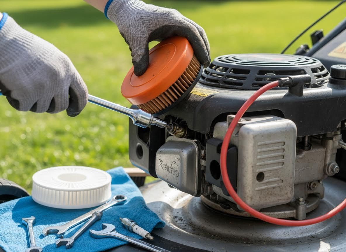 Gloved hands cleaning a small engine with a brush beside a white fuel cap on grass