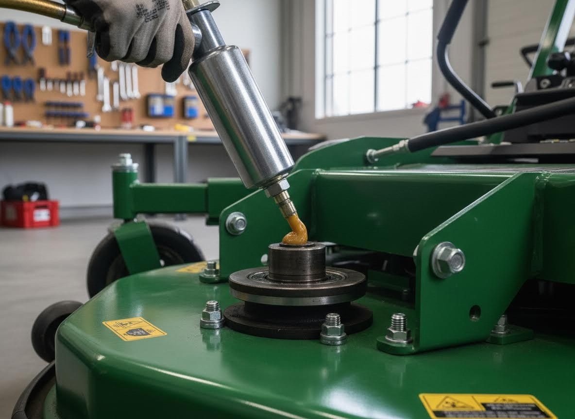 Grease being applied to a green lawn mower engine under repair