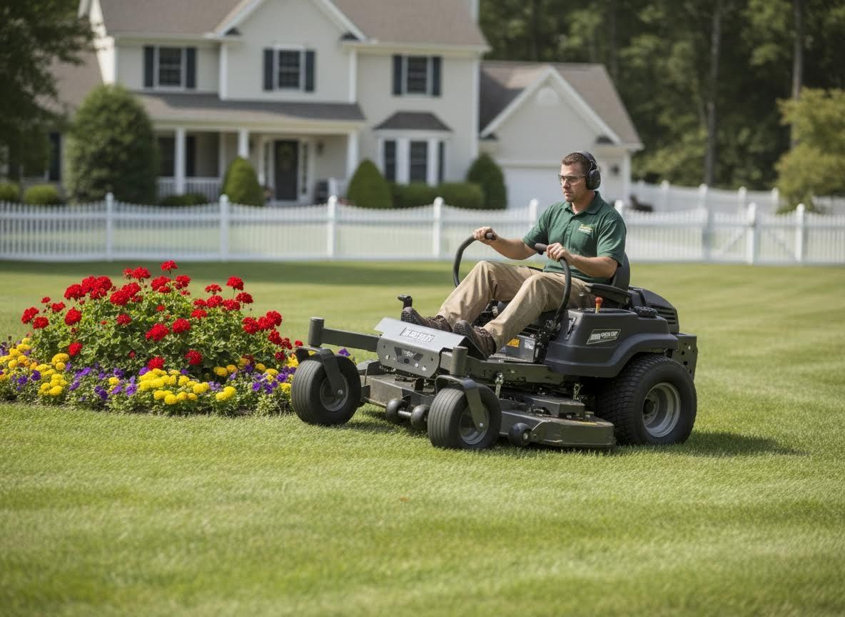 Man mowing a lawn on a riding mower beside a colorful flower bed in a suburban yard
