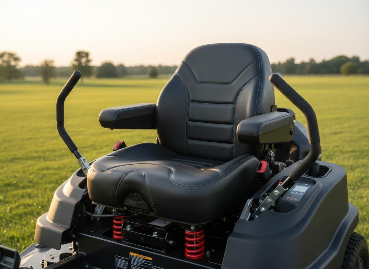 Black riding mower seat with armrests in a grassy field at sunset