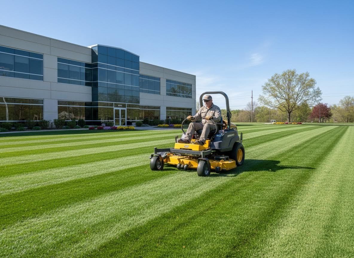 Two people mowing a striped lawn beside a glass office building on a sunny day
