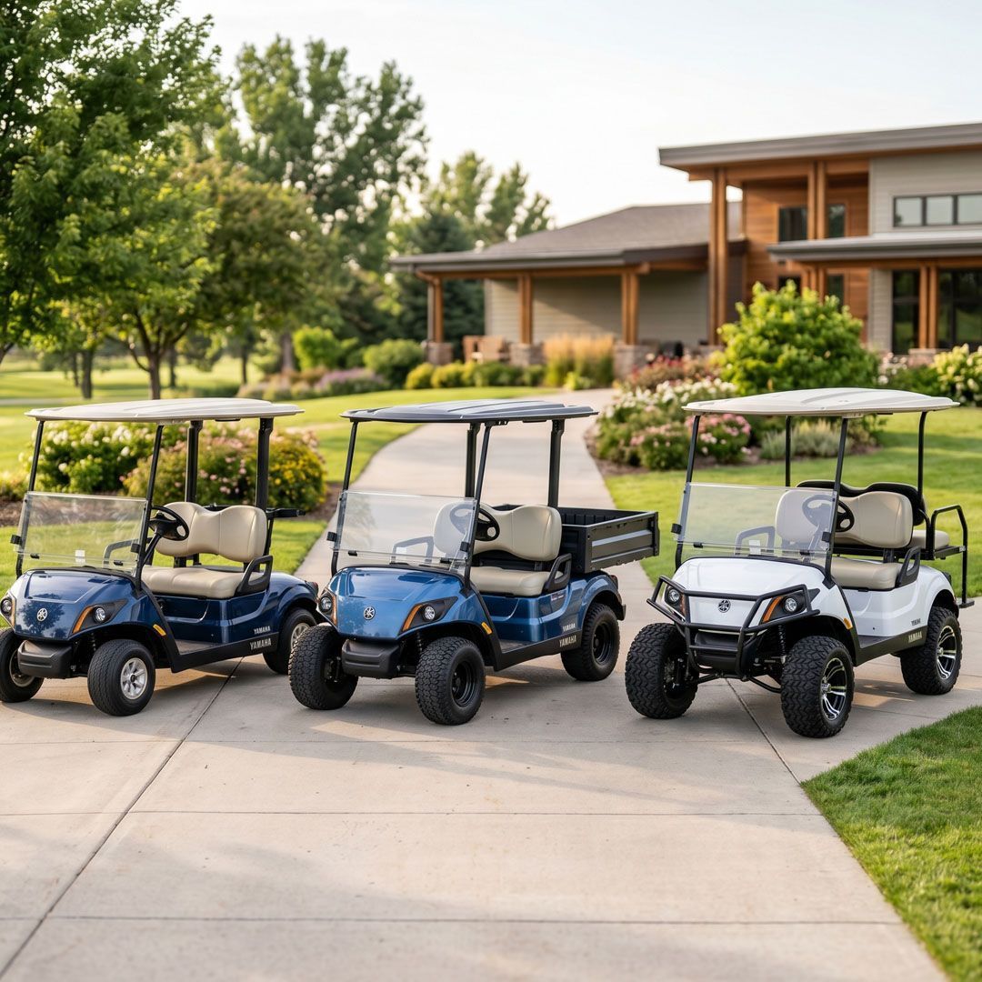 Three golf carts parked on a driveway outside a modern house